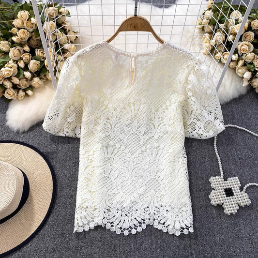 Bubble Short-Sleeved Round Neck Women__ Lace Top S3991