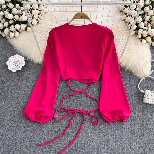 Deep V Neck Puff Sleeve Shirt Women's Fashionable and Chic Short Top S4225