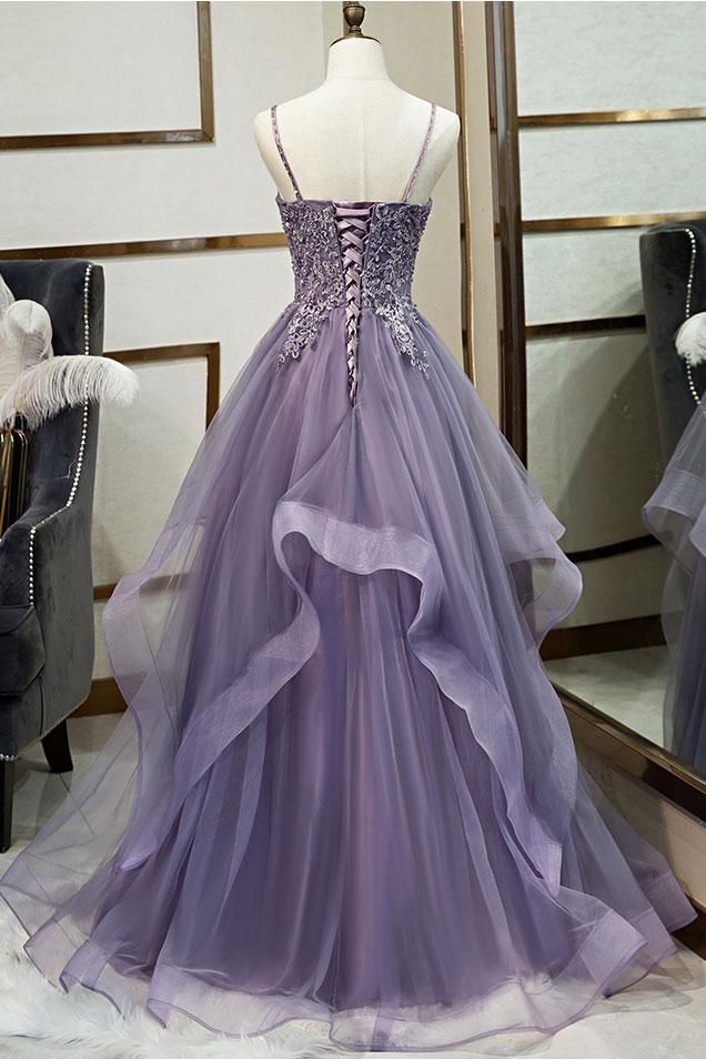 Unique v neck tulle lace long prom dress tulle lace formal dress S4150