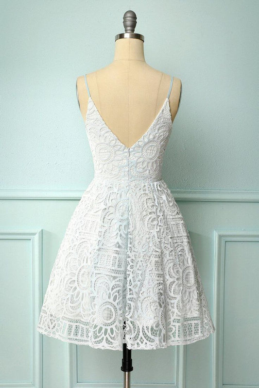 White Lace A-line Short Dress Mini Length Prom Dresses S3190