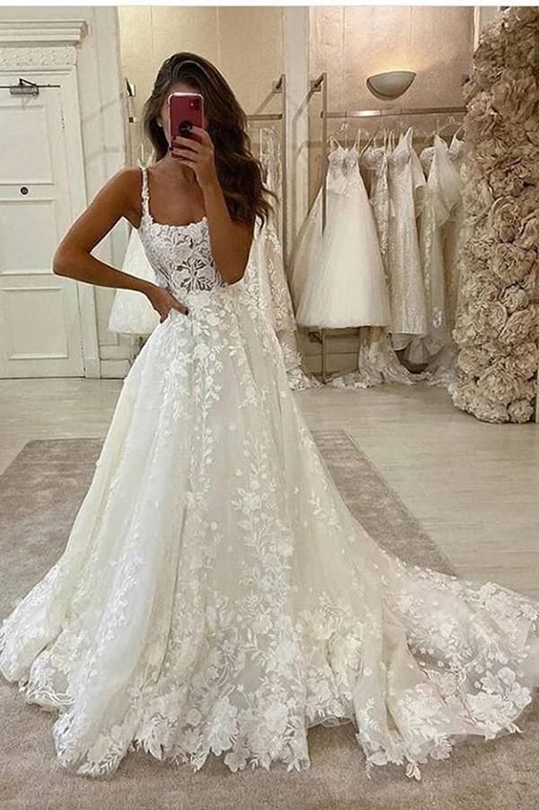 Gorgeous Ball Gown Scoop Neck Open Back Lace Wedding Dresses,Luxurious Wedding Gowns S3786