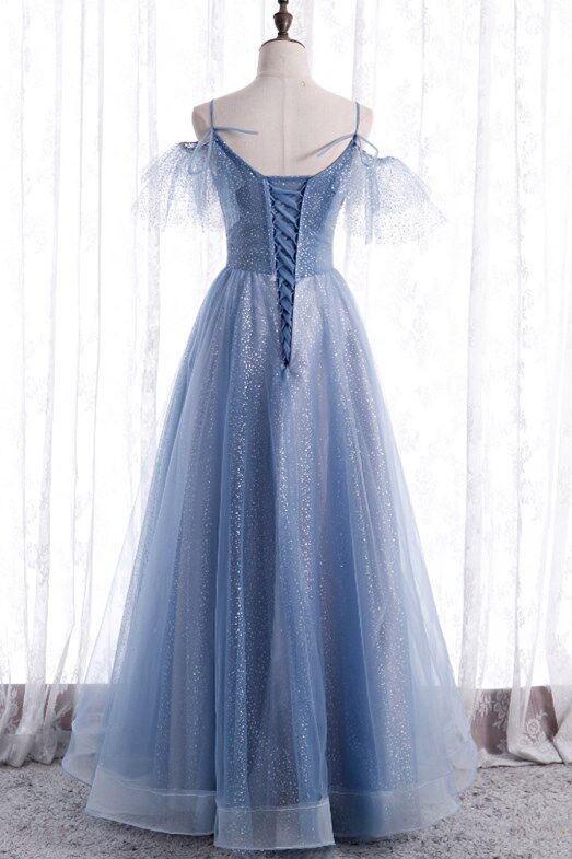 Blue A-line Long Formal Dress with Spaghetti Straps S3348