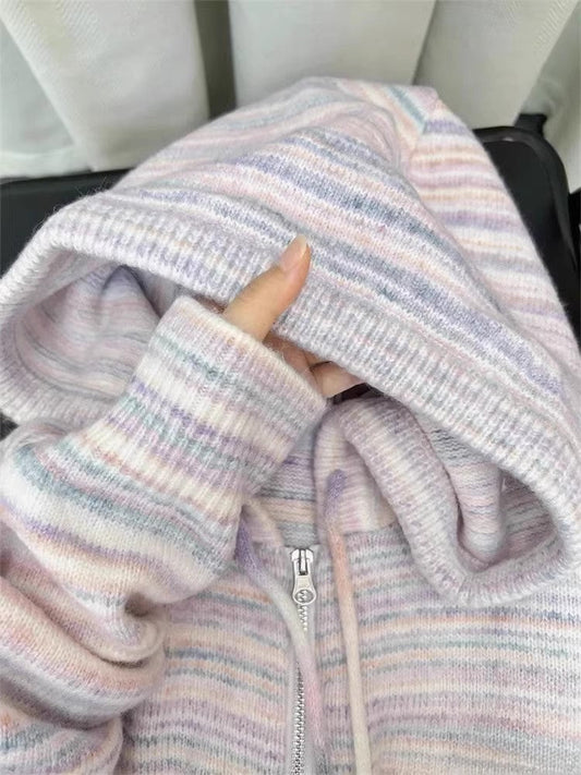 Rainbow striped knitted cardigan jacket women's hot style sweater S3404