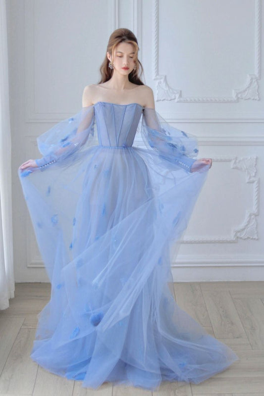 Blue Tulle Long Sleeve Prom Dress, A-Line Off the Shoulder Evening Dress S3873