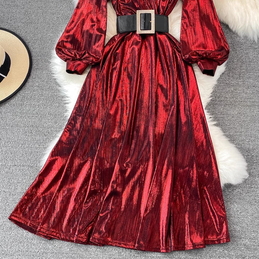 A-line long skirt with high waist and lantern sleeves V-neck metallic dress S4135