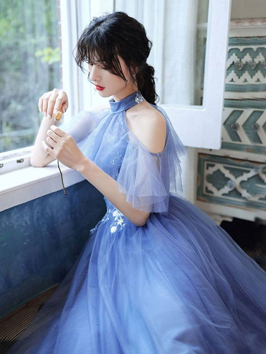 blue tulle lace short prom dress blue tulle cocktail dress S3270