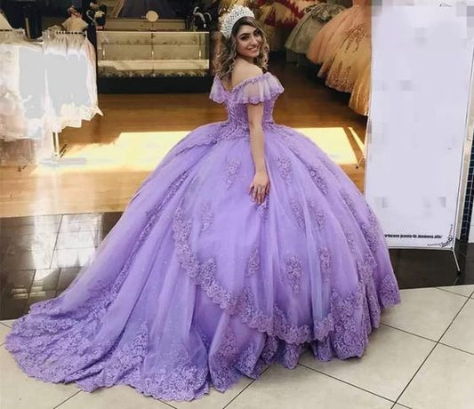 V Neck Off The Shoulder Asymmetrical Puffy Skirt Ball Gown Prom Formal Dresses with Sleeves S3830