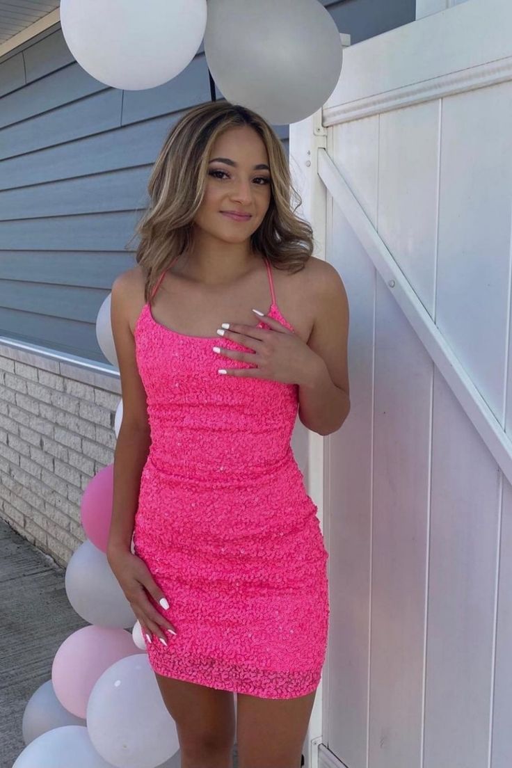 Strps Hot Pink Sequins Tight Homecoming Dress S2607
