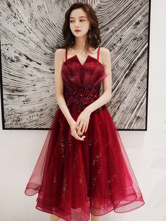 Burgundy Lace Sequins Short Prom Dress Homecoming Dress S3247