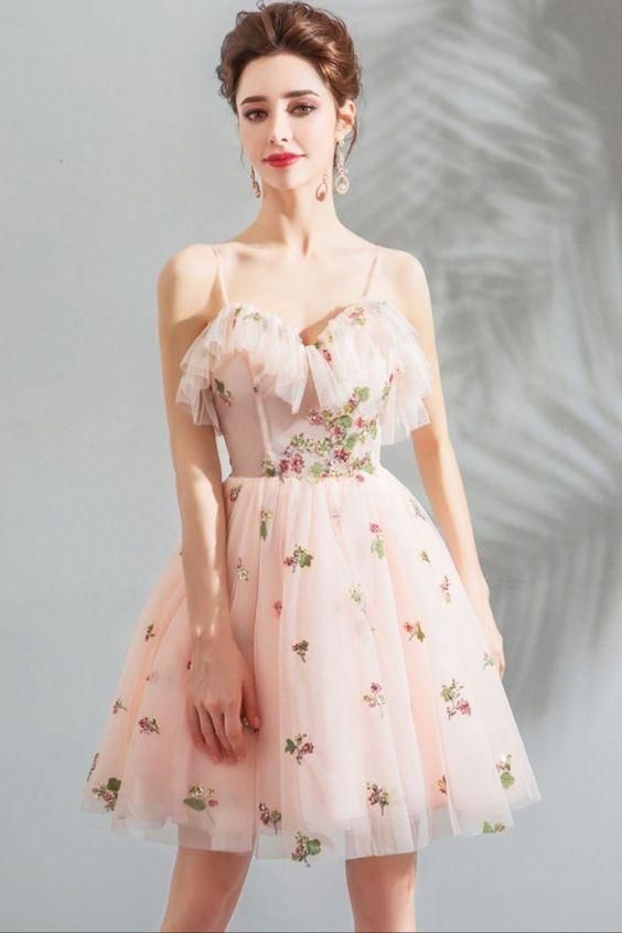 spaghetti straps short pink homecoming dress Homecoming Dresses S2678