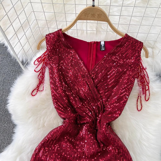evening dress women's V-neck sequined tassel dress S3936