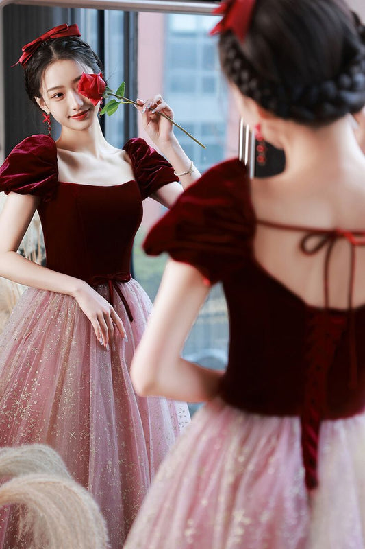 Burgundy Velvet Cap Sleeves Tulle Long Princess Dress S3008