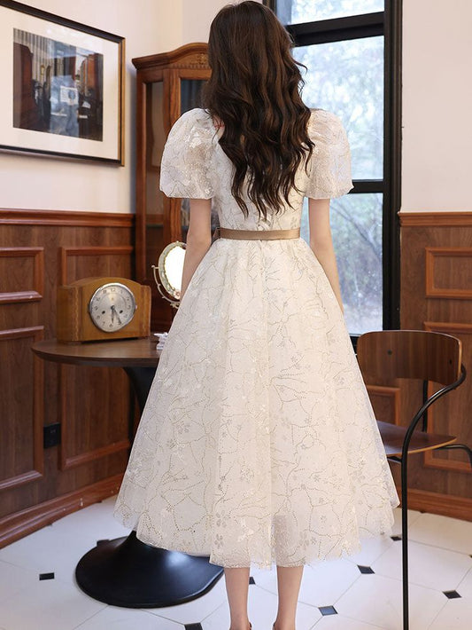 White A-line Lace Tulle Beige Short Prom Dress, Beige Homecoming Dress S3279