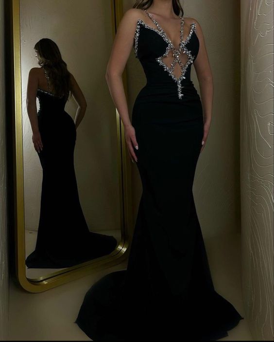 Sexy Black Sparkly Spaghetti Straps Mermaid Long Prom Dress S3791