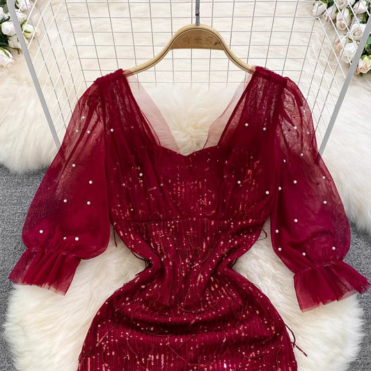evening dress long dress puff sleeves square neck shiny dress S4278