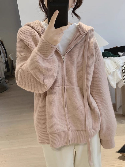 Blue loose zipper sweater for women knitted cardigan S3407