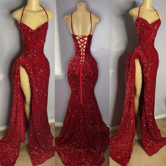 Sexy High Slit Halter Sleeveless Sparkly Red Sequined Long Prom Dresses for Black Girls S3641