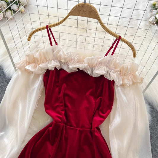 elegant long-sleeved ruffle velvet suspender dress S4168