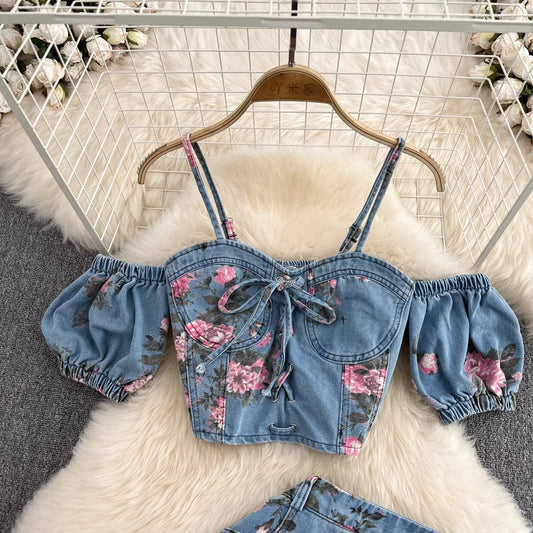 Denim fashion suit for hot girls chic halter top two-piece set S4034