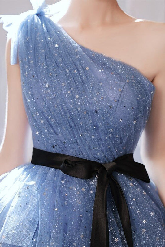 One Shoulder Princess Blue Short Party Dress S3234