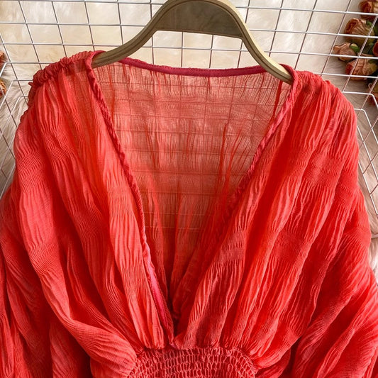 deep V-neck lantern sleeve chiffon short top S4028