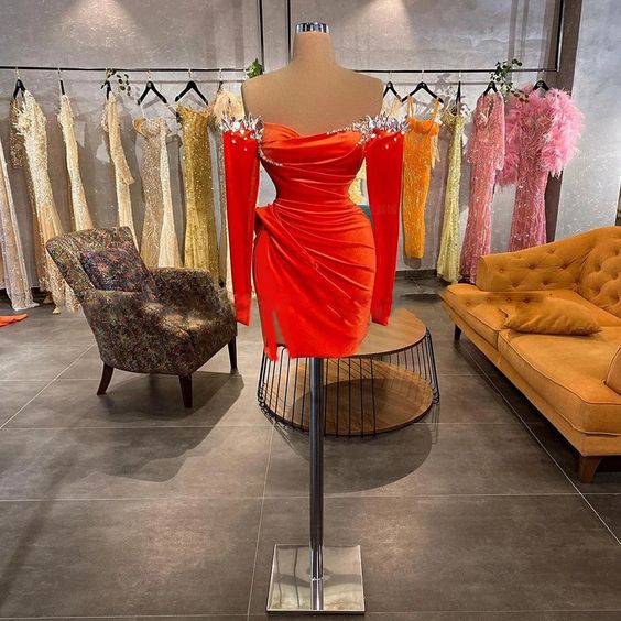 Elegant Orange Sheath Prom Dress Luxury Crystals Short Cocktail Dresses Mini Party Dress Off the Shoulder Long Sleeves Prom Gown S3554