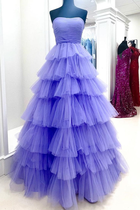A-line Strapless Pleated Multi-Layers Tulle Long Prom Dress S3226