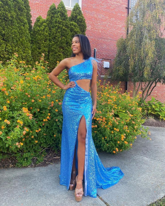 Cute Mermaid One Shoulder Royal Blue Sequins Prom Dresses with Slit S3652