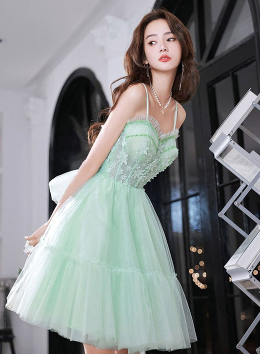 Green sweetheart neck tulle lace short prom dress, green homecoming dress S3020