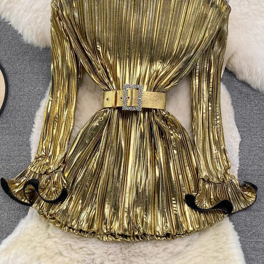Designed round neck pleated dress new fashion metallic long-sleeved dress S4194