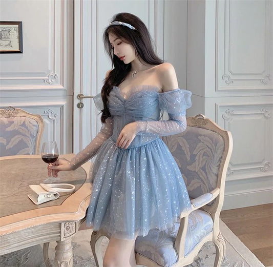 Beauty Nice Women Off Shoulder Puff Sleeved Blink Mesh Puffy Party Dress S3114