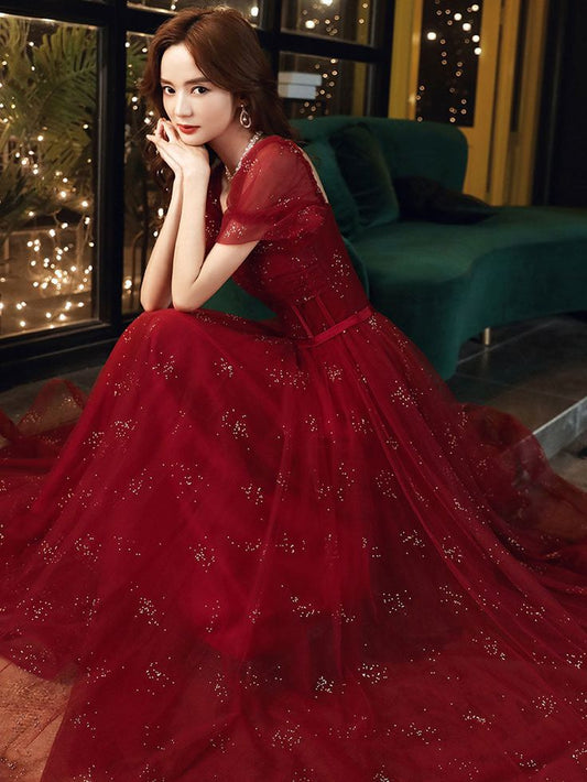 Burgundy A line tulle sequin long prom dress, burgundy tulle formal dress S2555