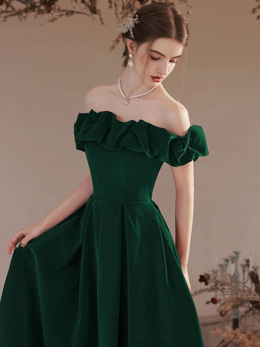 A-Line Off Shoulder Velvet Green Long Prom Dress, Green Formal Evening Dress S3007