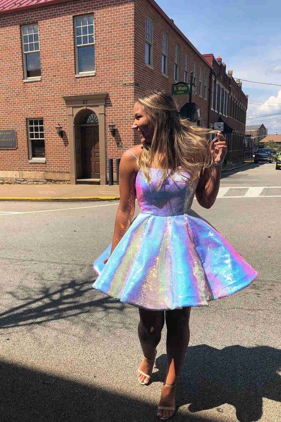 Shiny A Line Spaghetti Strapss Short Prom Dresses Homecoming Dresses S2640