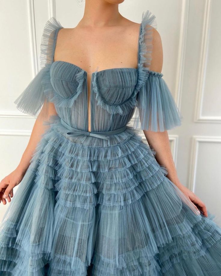 Dusty Blue Tulle Ruffled Gown Long Tulle Prom Dress Tiered Skirt Dress