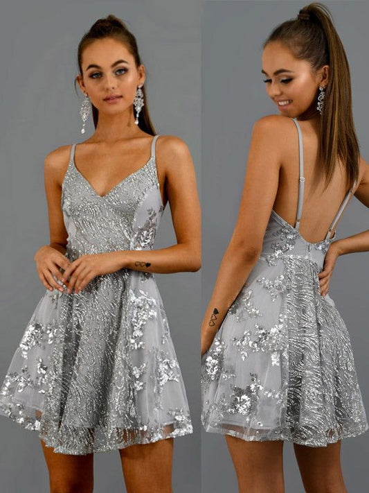 Sparkly Silver Grey Sequin A-line Spaghetti Strap Short Homecoming Dresses S3228