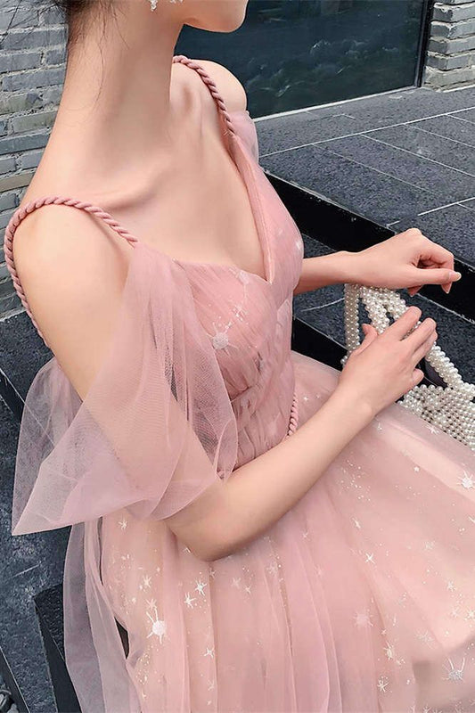 Straps A-line Blush Pink Tulle Long Party Dress S3269