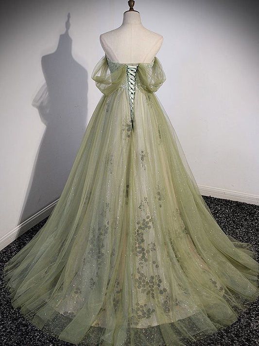 A line Green Long Prom Dress, Green Tulle Formal Evening Dress S3205