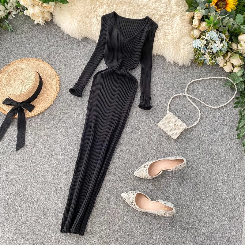 Dress women's new simple solid color long-sleeved tight knitted mid-length skirt S4530