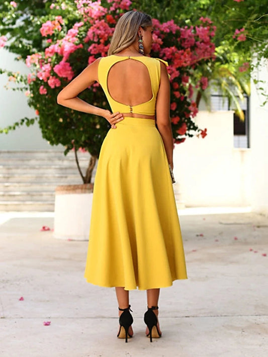 Two Piece Cocktail Dresses Elegant Vintage Dress Graduation Wedding Guest Ankle Length Jewel Neck Sleeveless Satin with Ruffles S2664