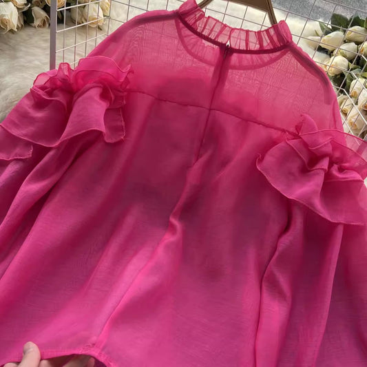 Designed irregular ruffled mesh shirt for women pleated chic top trendy S4498