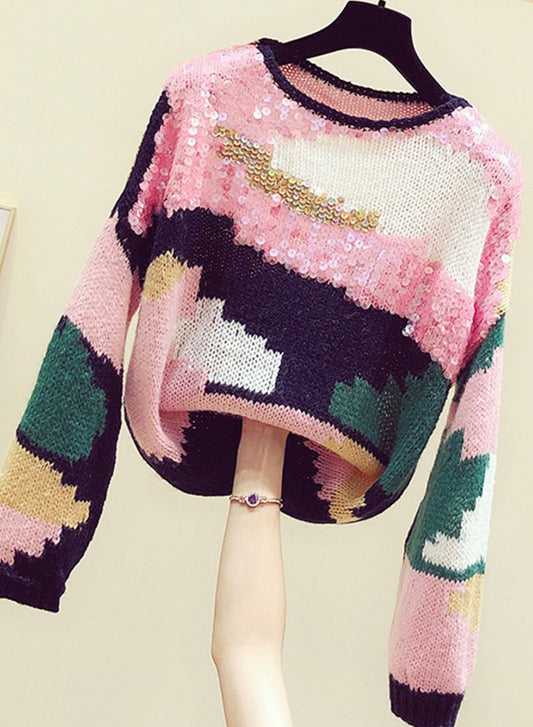 Cute Colorful Long Sleeve Sweater Round Neck Sequins Sweater S4371