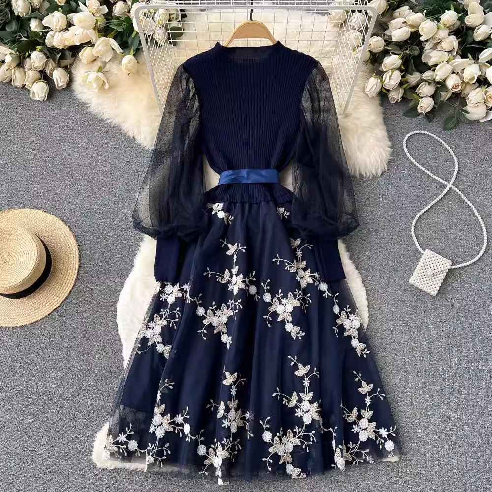 black dress A-line embroidered lace mesh dress S4643