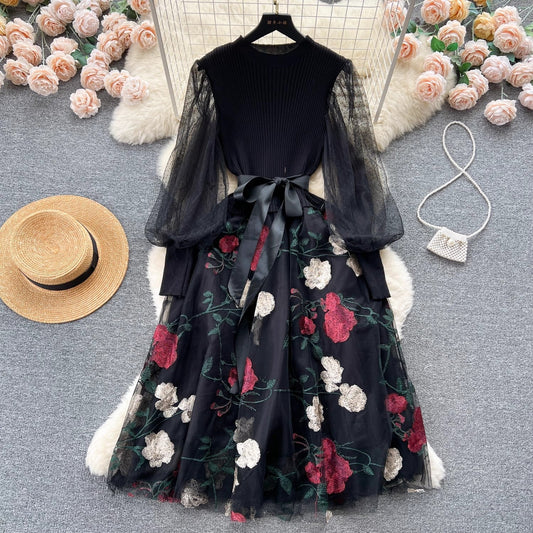embroidered mesh dress for women with lace-up waist skirt S4490