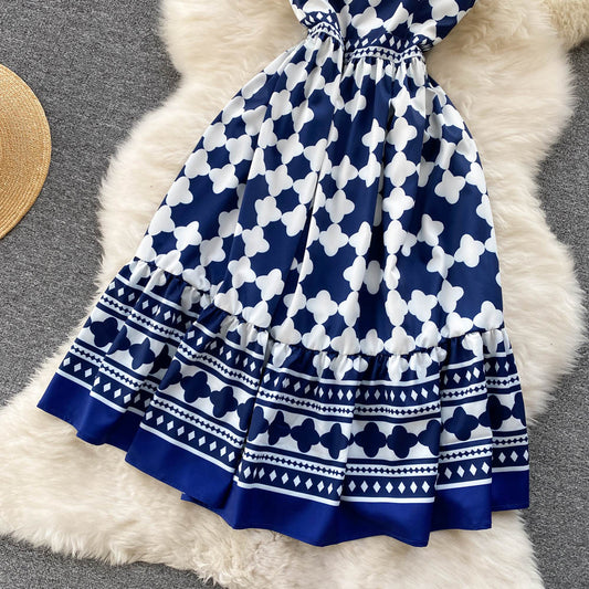 Blue Square Neck Printed Sling Dress S4469