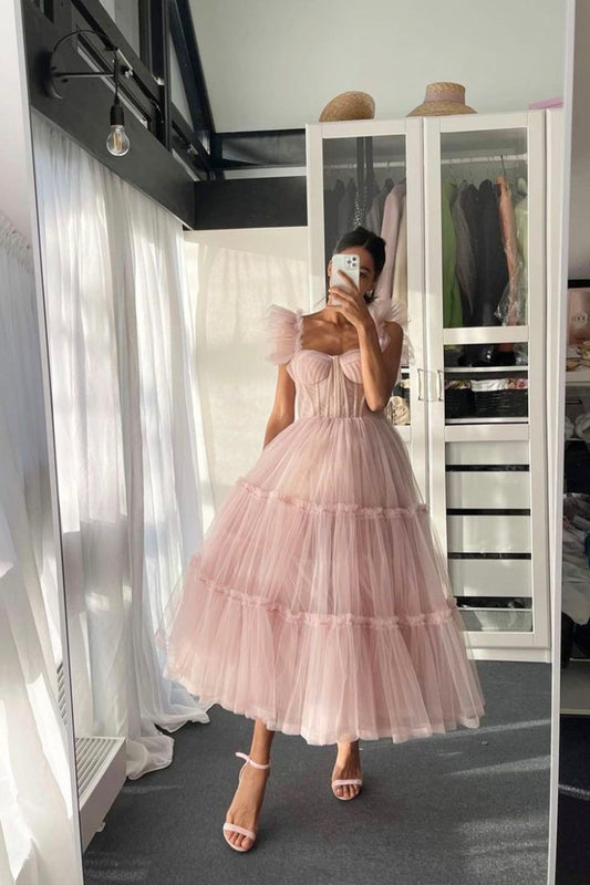Pink tulle short A line prom dress homecoming dress S2955