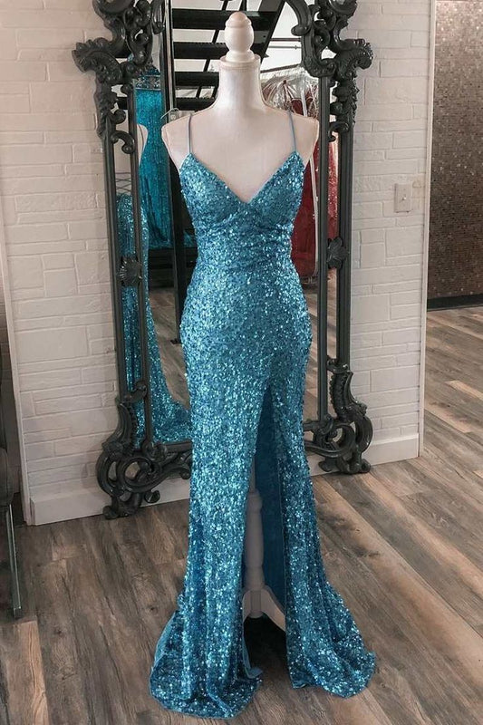 Blue Sequin V-Neck Lace-Up Mermaid Long Dress with Slit S3374