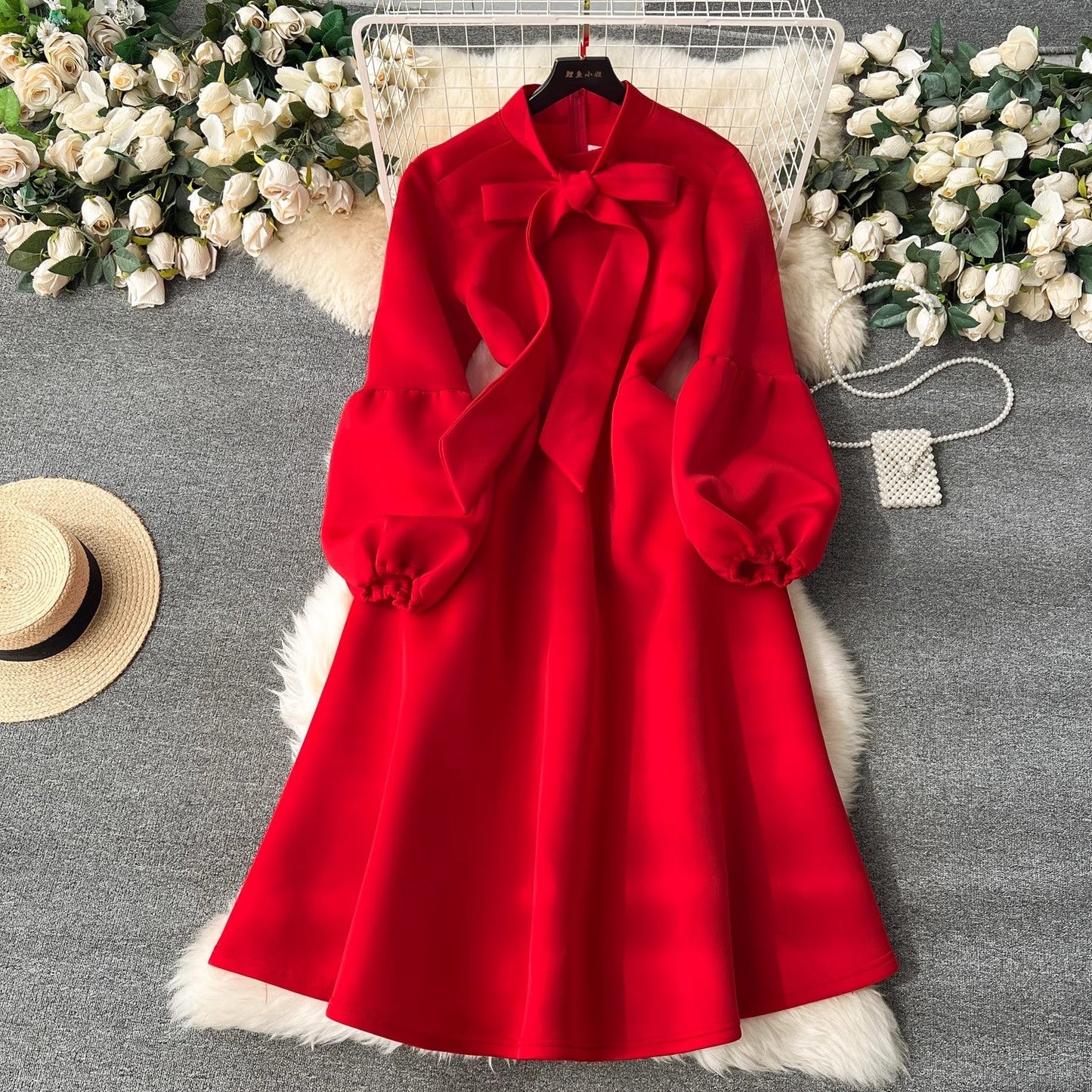 party dress women's fashion bow tie lantern long-sleeved dress S4493