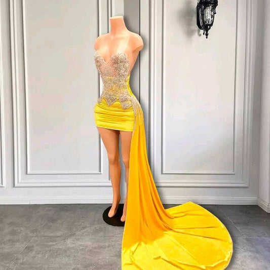yellow short prom dress, black girl prom dress, evening dress, fairy dress S3041