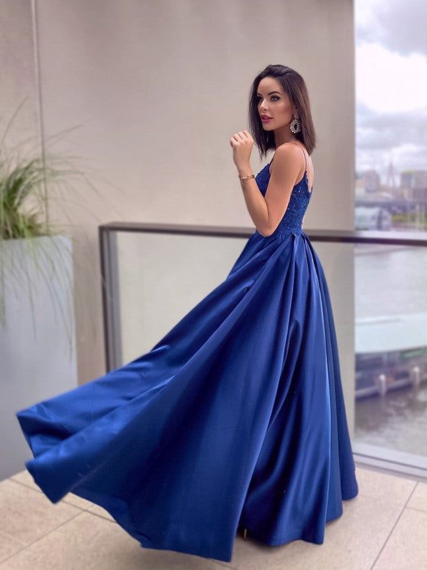A-Line/Elegant Applique Spaghetti Straps Satin Sleeveless Floor-Length Prom Dresses S2627
